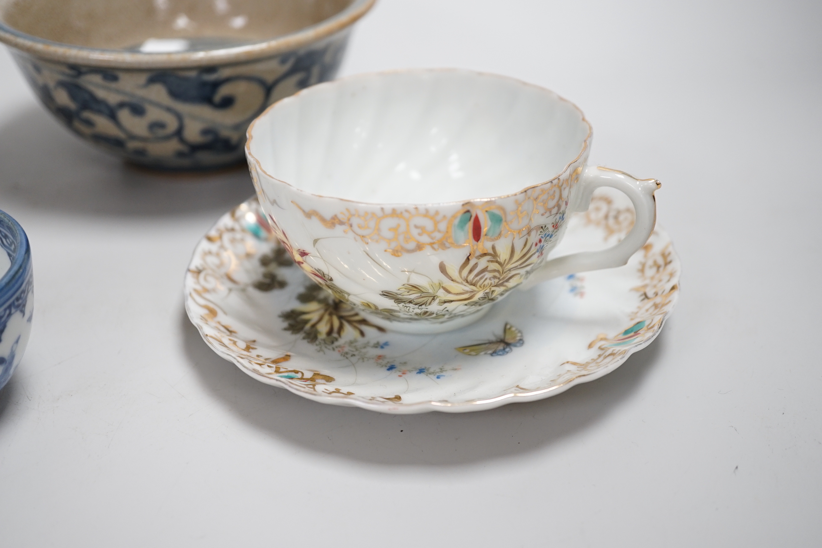 Chinese and Japanese ceramics including Canton cups and blue and white tea bowl, the largest 25cm high